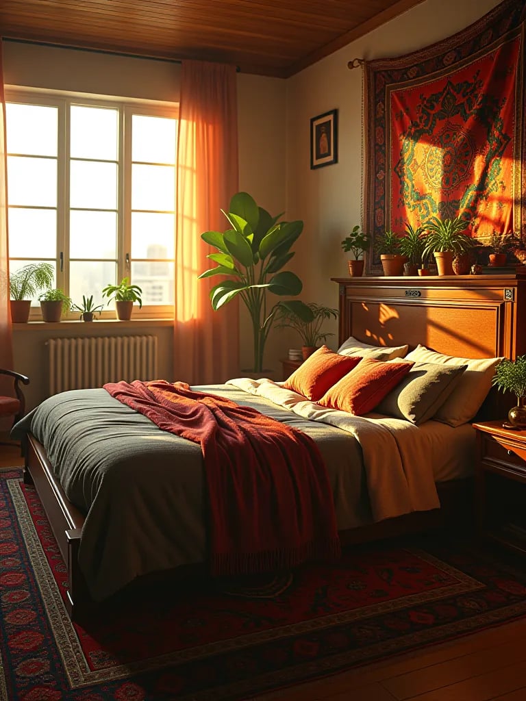Serene bohemian bedroom with eco friendly elements