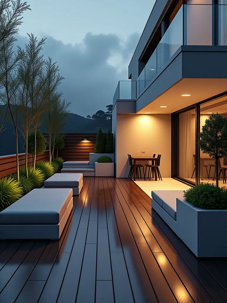 Serene small deck with minimalist seating and zen elements