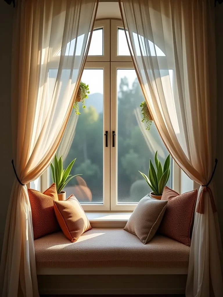 Sheer curtains in boho bedroom