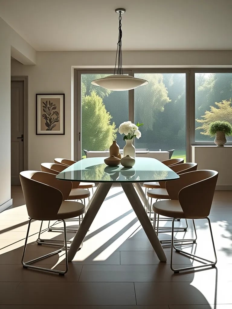 Sleek contemporary glass dining table in modern setting