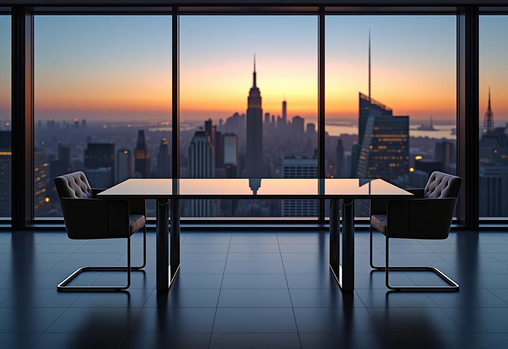 Sleek glass top dining table with city view