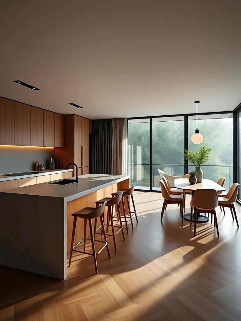 Sleek kitchen island with modern built in bar stools