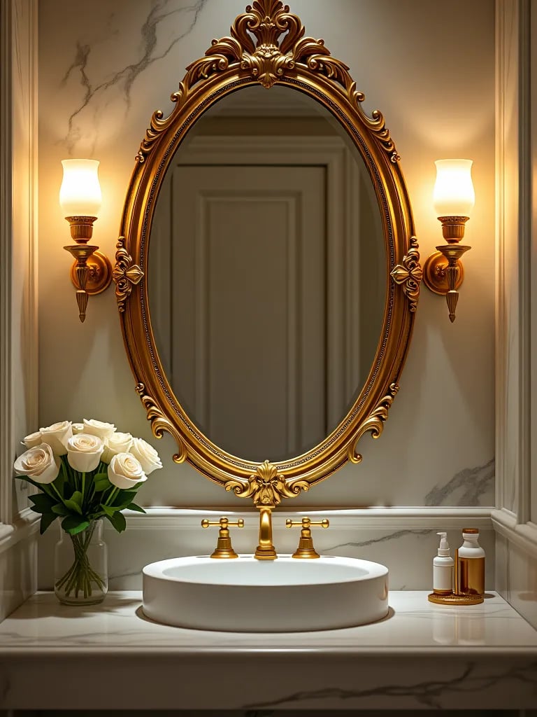 Small bathroom with large decorative gold mirror creating illusion of space