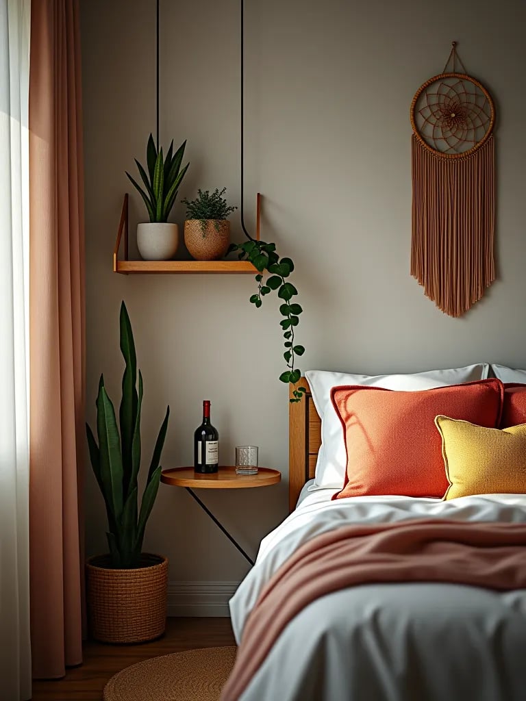 Small bedroom with boho decor and floating shelf