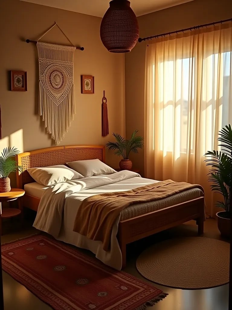 Small bedroom with boho decor and warm lighting