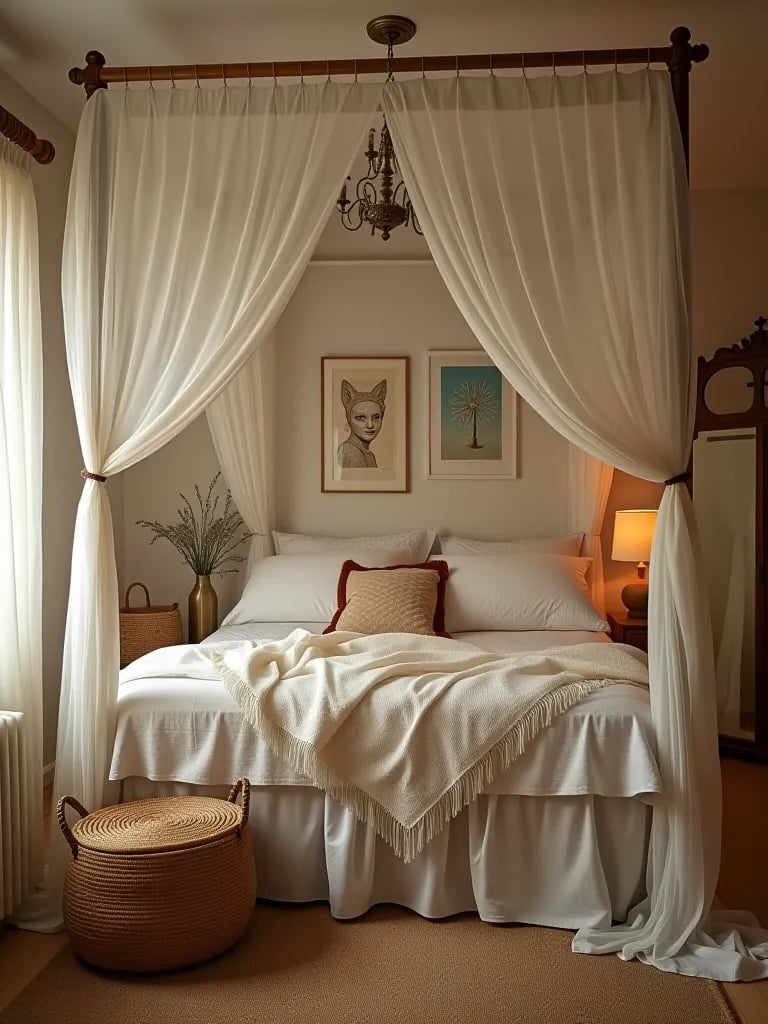 Small boho bedroom with canopy bed and vintage mirror