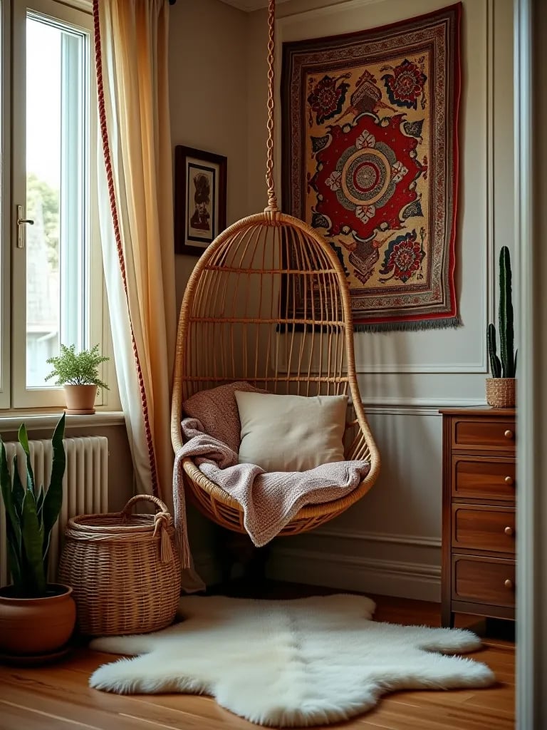 Small boho bedroom with layered textiles and rattan chair