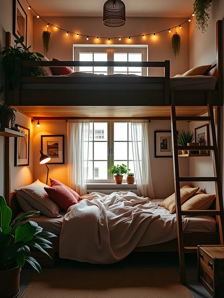 Small boho bedroom with loft bed and work area