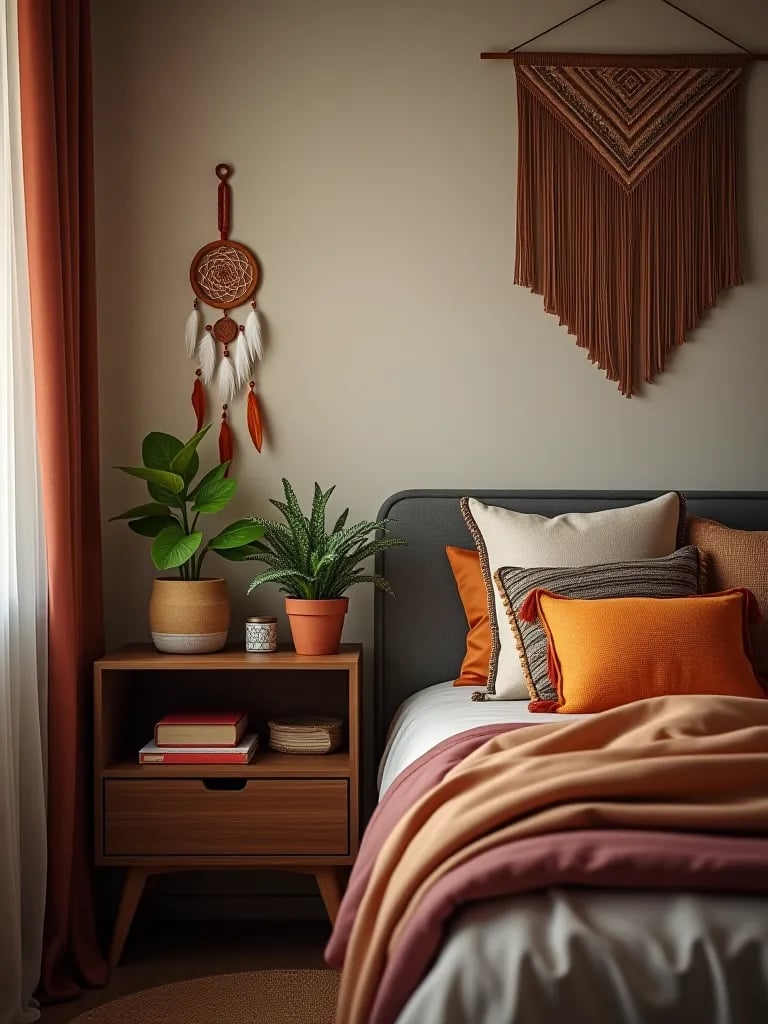 Small boho bedroom with plants and dream catcher