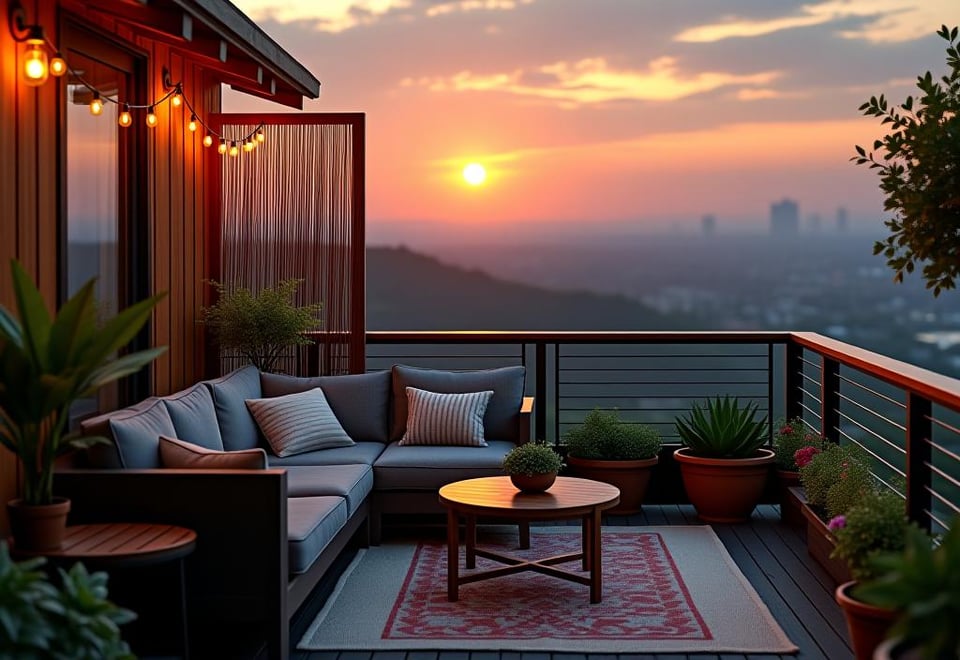 Small deck with lush vertical garden and compact furniture