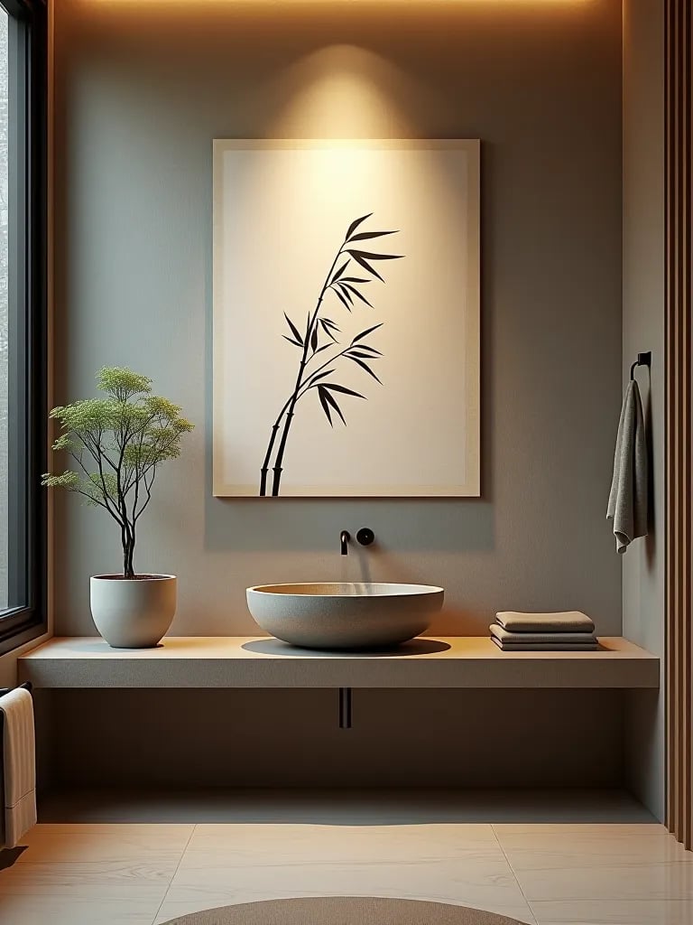 Spa like Asian inspired bathroom with ink art