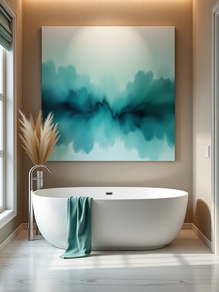 Spa like bathroom with blue and green watercolor art