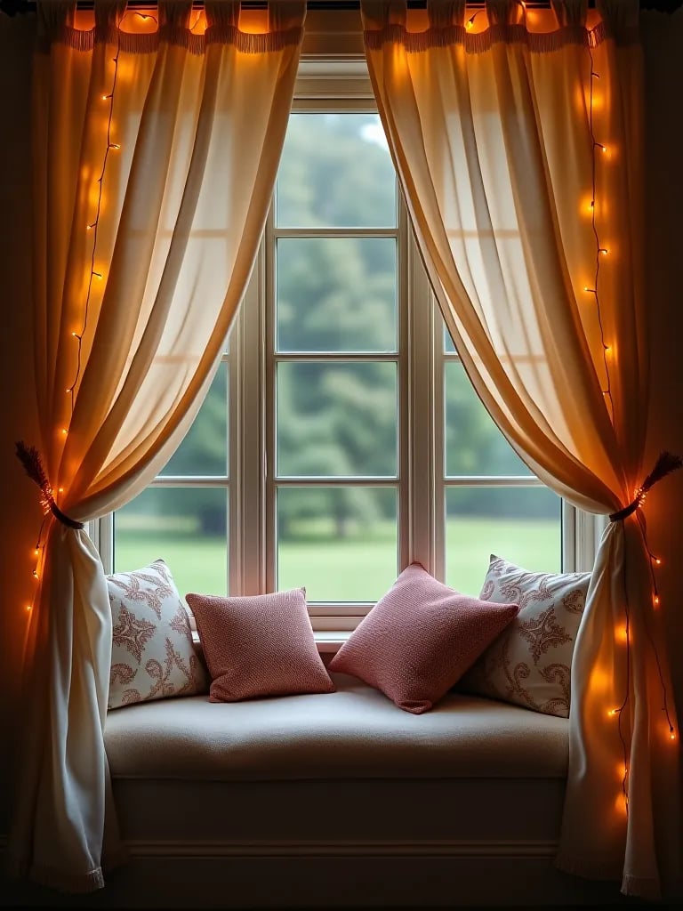 Space saving boho window seat with ambient lighting