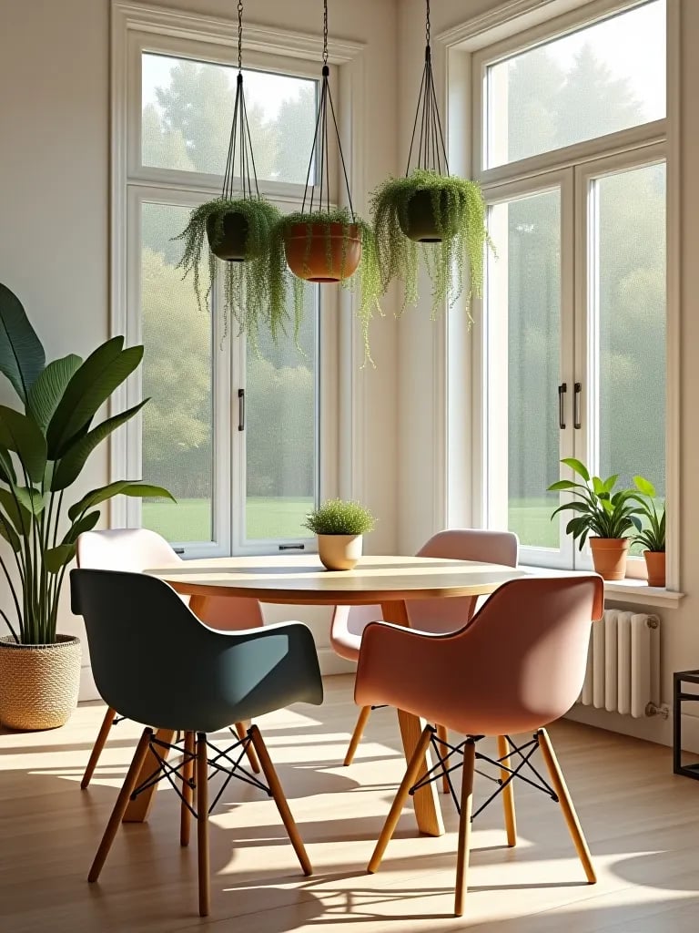 Spacious dining room with large windows and modern seating