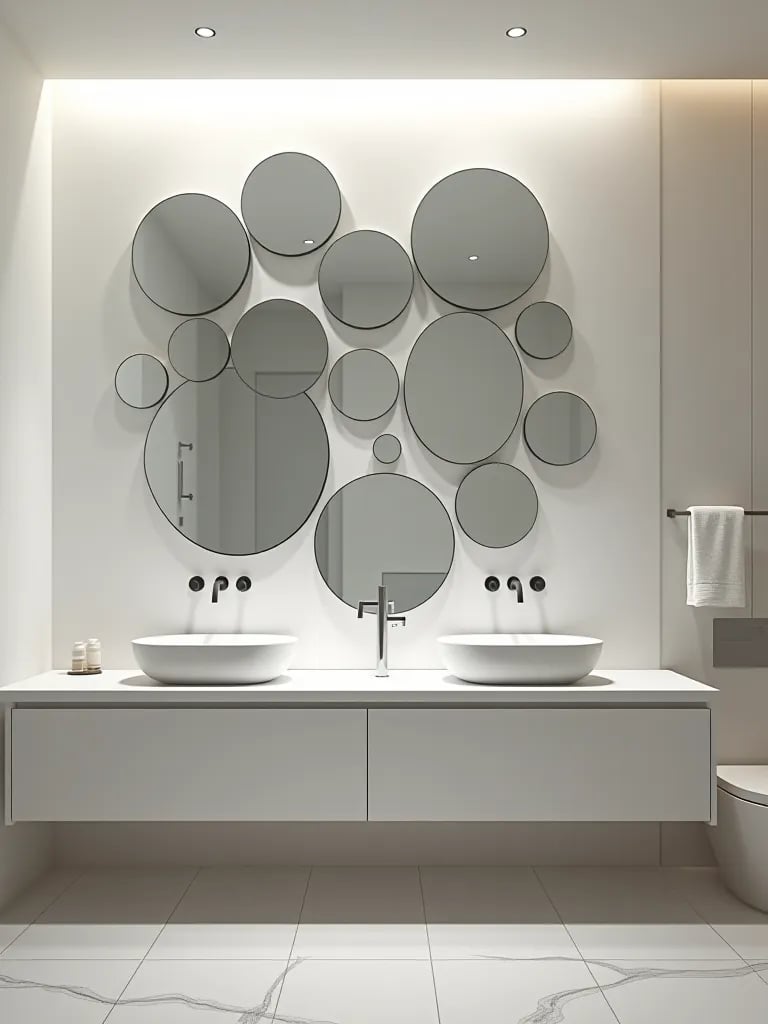 Spacious looking bathroom with abstract geometric mirror pattern