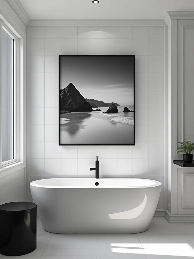 Spacious looking bathroom with large beach photograph