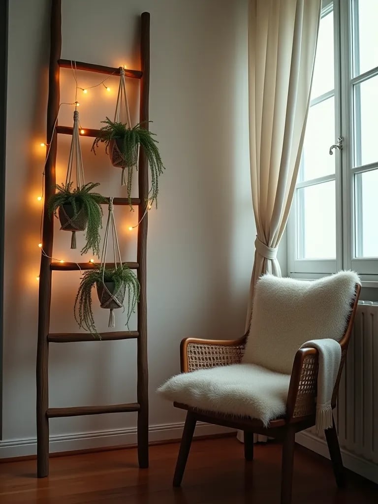 String lights and plants on ladder in boho bedroom
