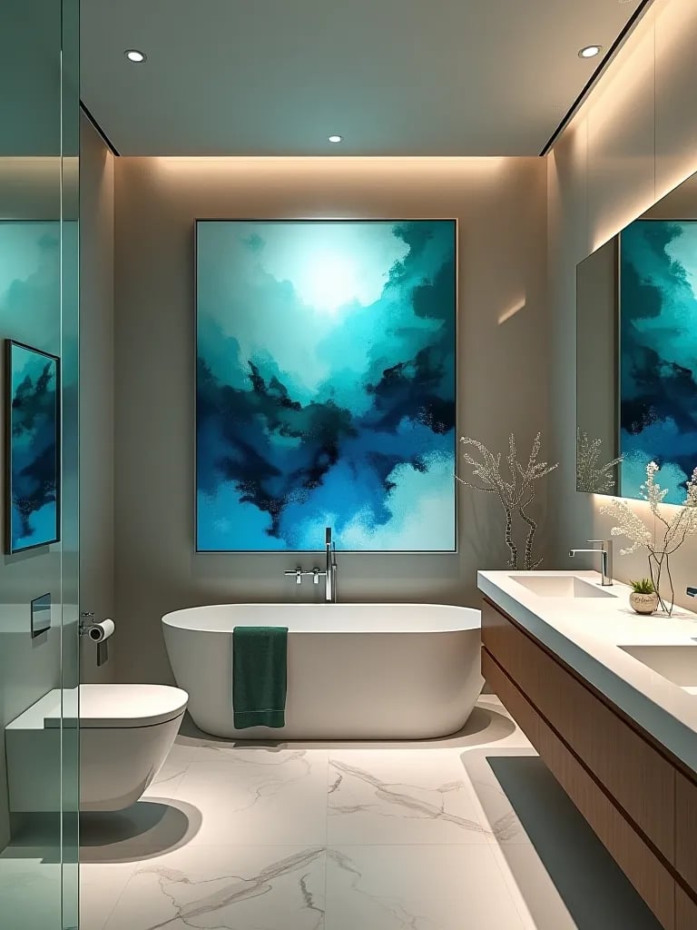 Stylish bathroom with humidity resistant abstract artwork