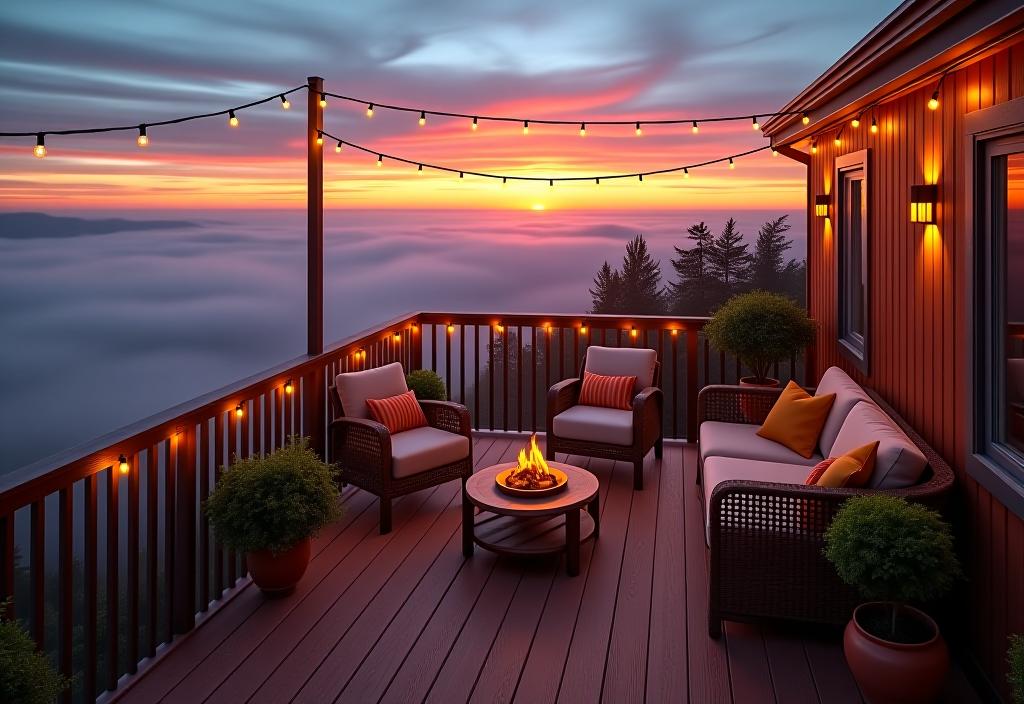 Stylish deck with comfortable seating and ambient lighting