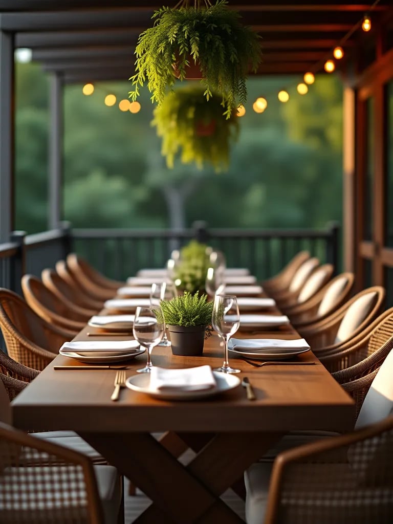 Stylish deck with patterned rug and tropical plants
