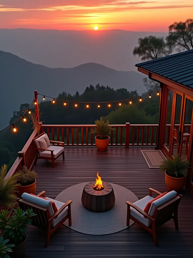 Stylish outdoor dining area on a deck with rustic table