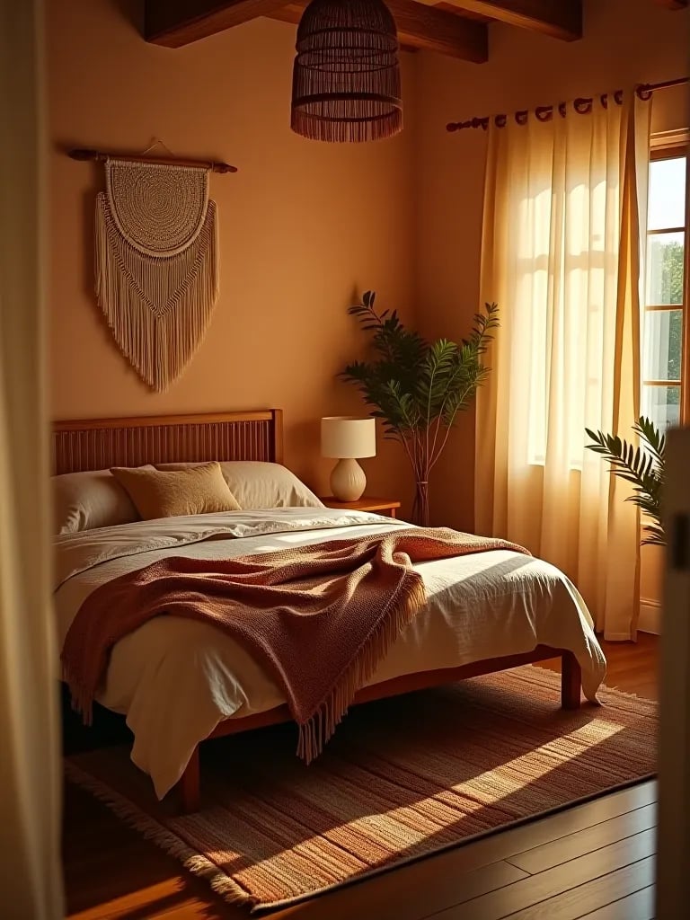 Stylish small boho bedroom with rattan and textiles