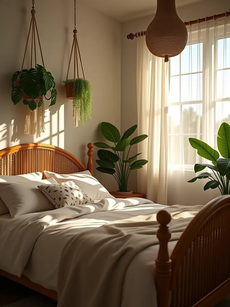 Sun drenched boho bedroom with hanging plants
