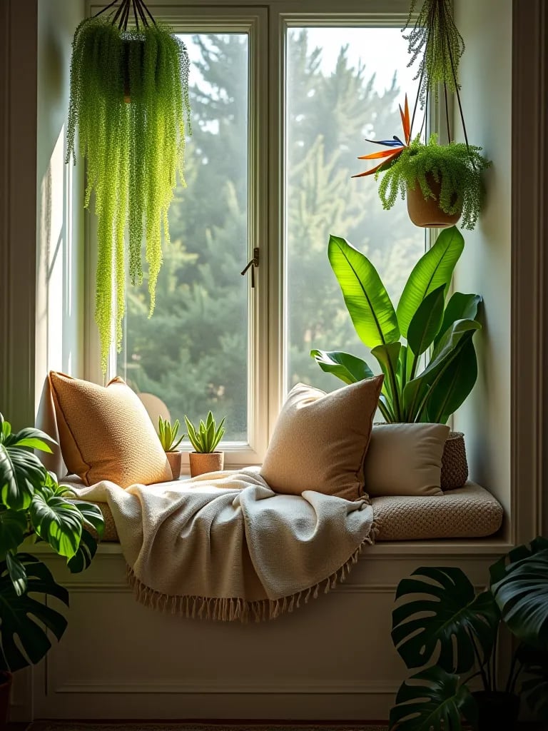 Sun drenched boho window nook with plants