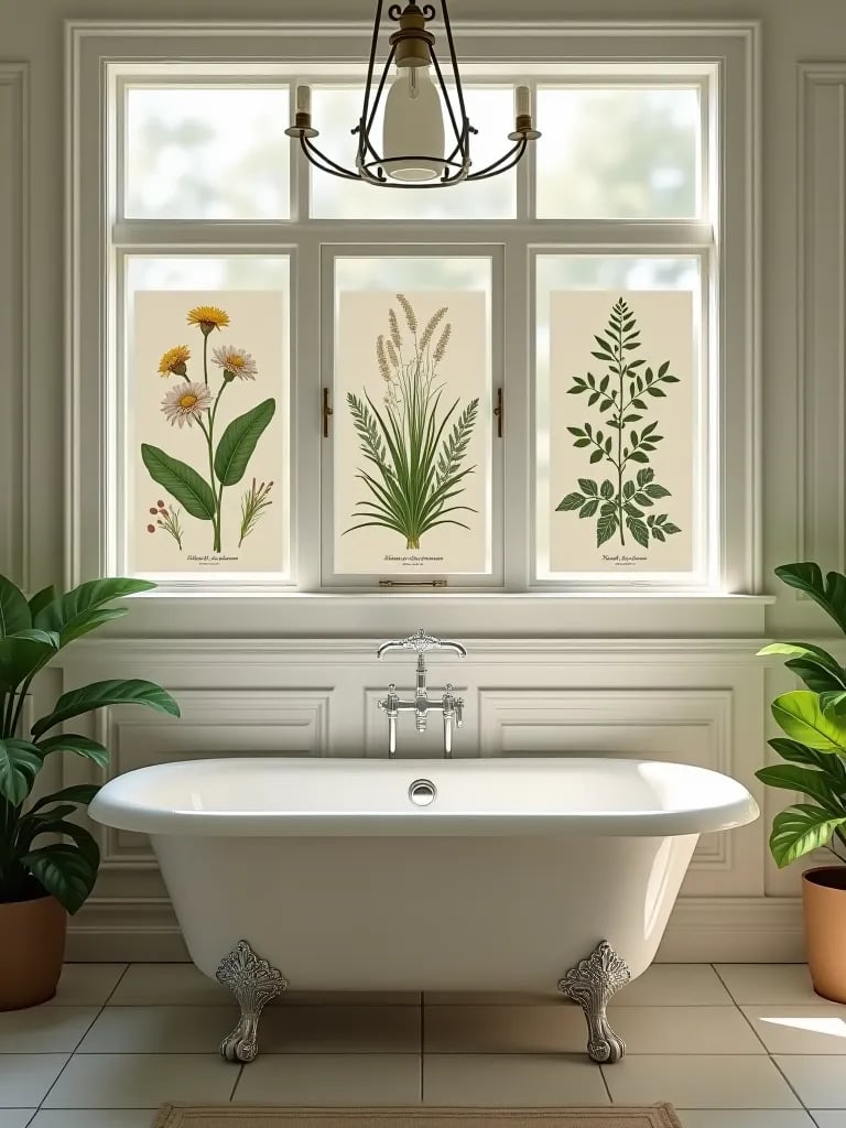 Sunlit bathroom with herbal print collection
