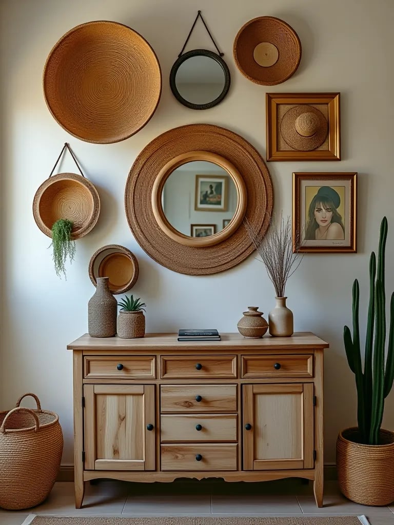 Textured boho wall decor with woven baskets
