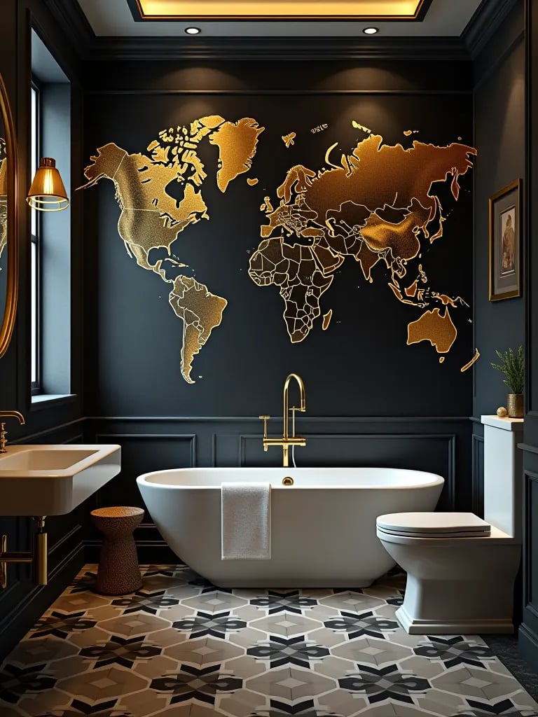 Travel inspired bathroom with map wall covering