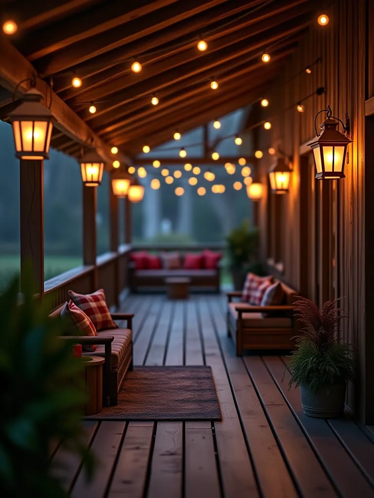 Tropical deck with tiki torches and LED lanterns