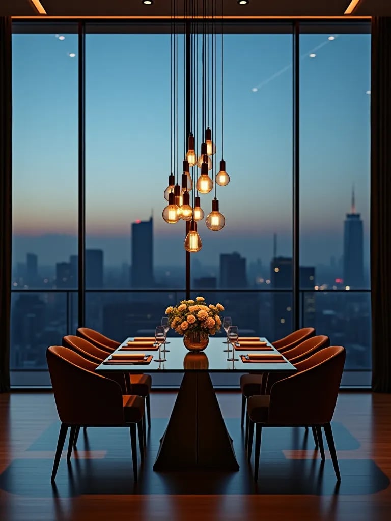 Urban dining room with pendant lights and skyline view
