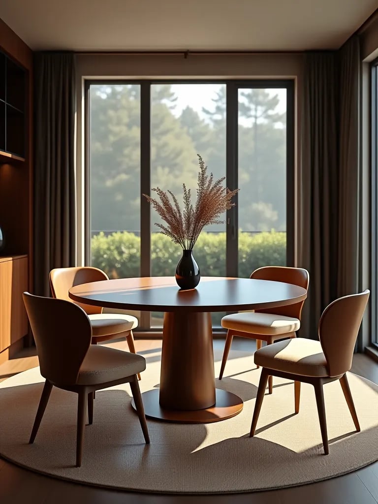 Versatile round dining table in walnut with stylish modern chairs