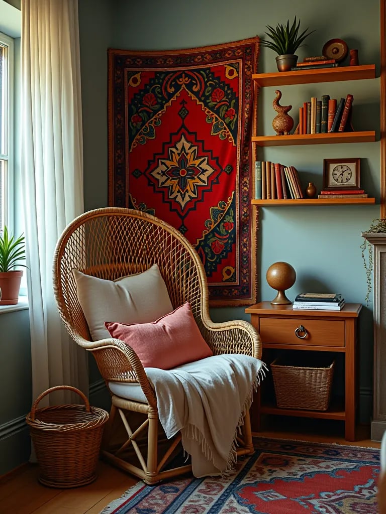 Vintage inspired boho bedroom corner with peacock chair