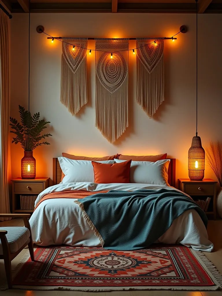 Warm, ambient lit boho bedroom with textured decor