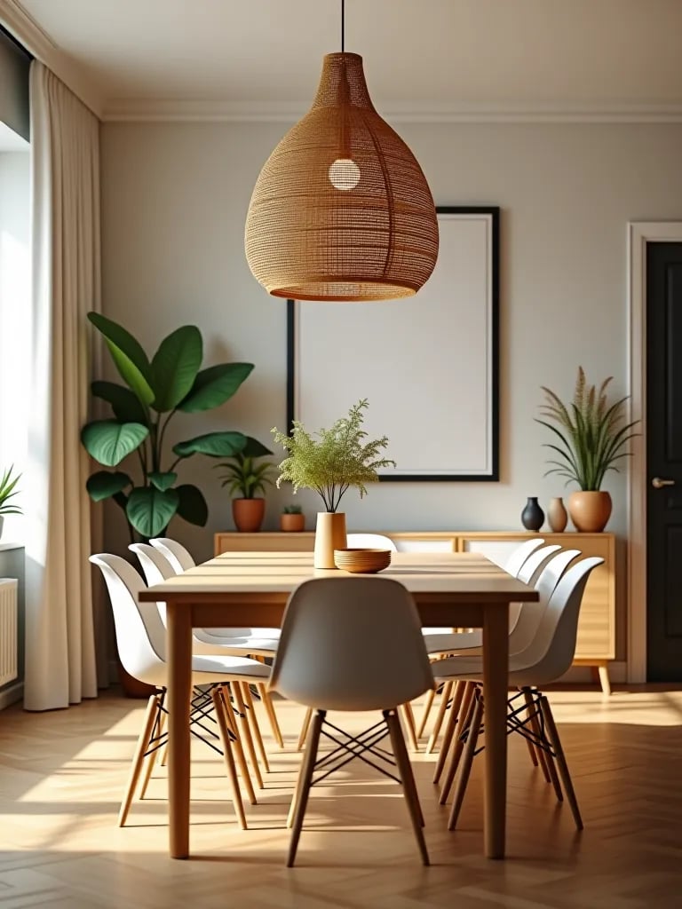 Warm contemporary dining room with natural materials