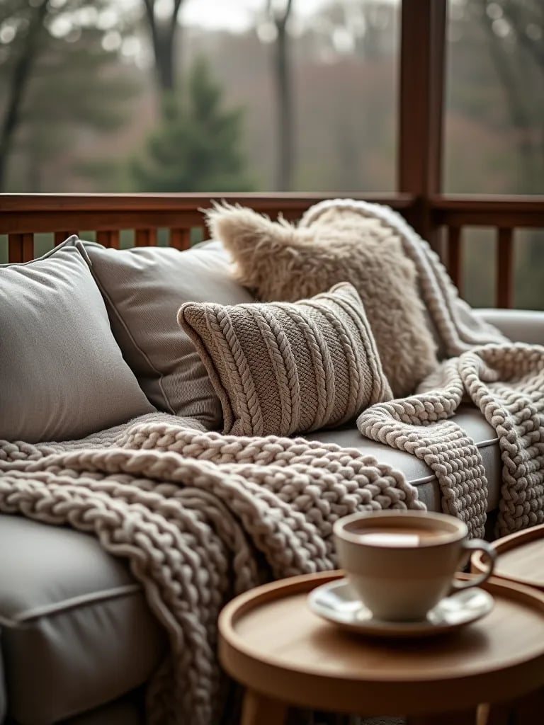 Winter deck garden with rug and fire table