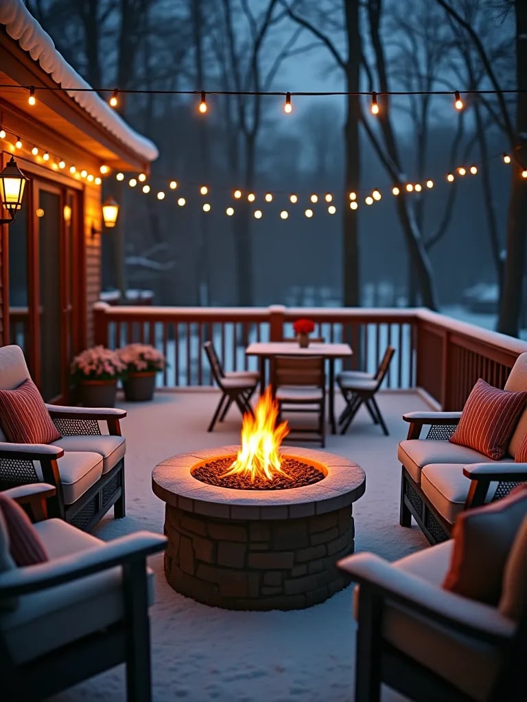 Winter decorated deck railing with garlands and candles