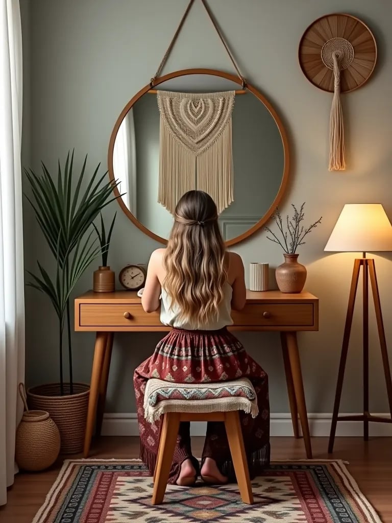 Wooden stool with cushion at boho vanity