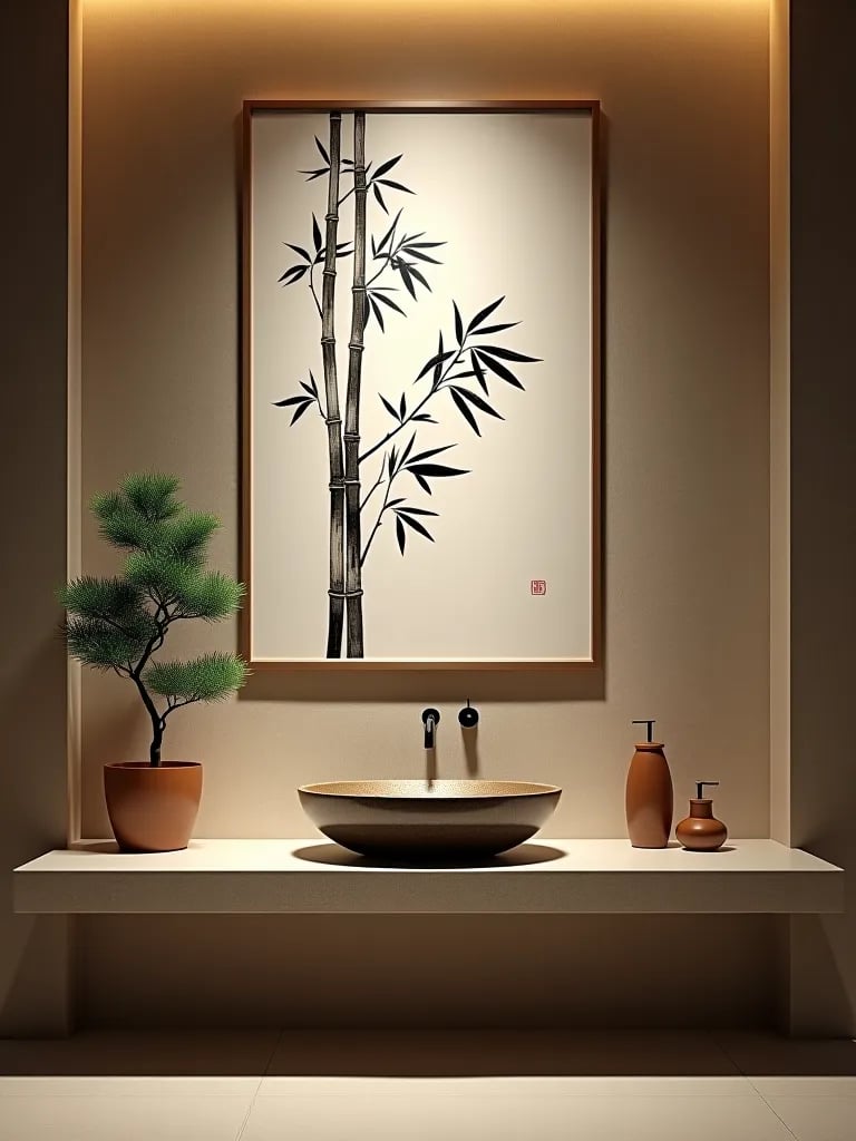 Zen bathroom with ink brush bamboo painting