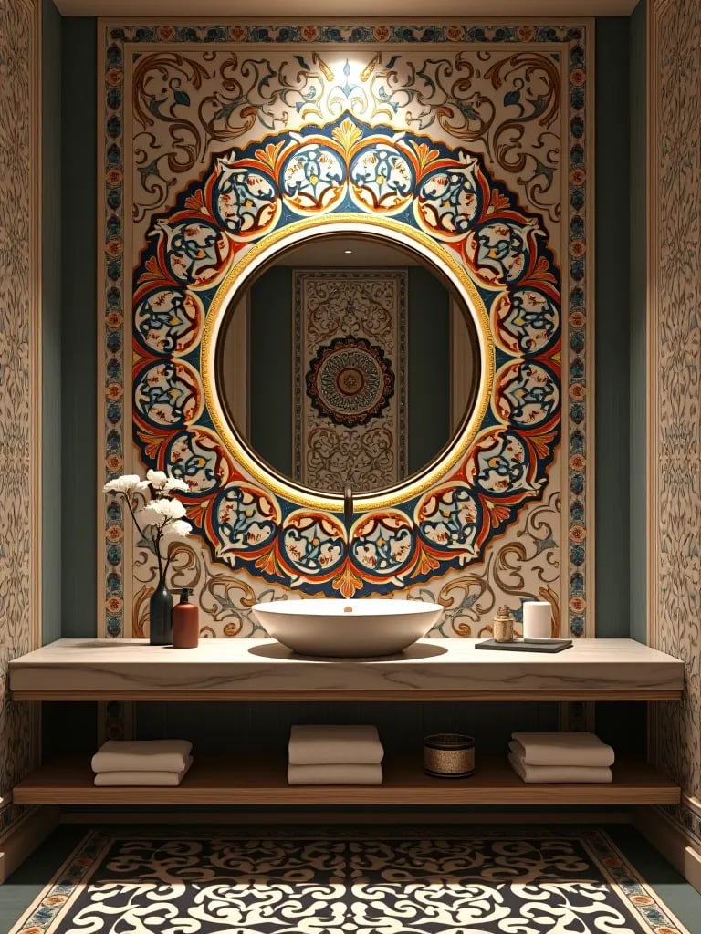 Zen bathroom with mandala mirror surround