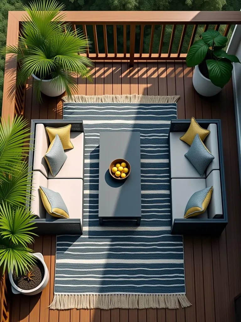 Zen inspired deck with water feature and minimalist decor