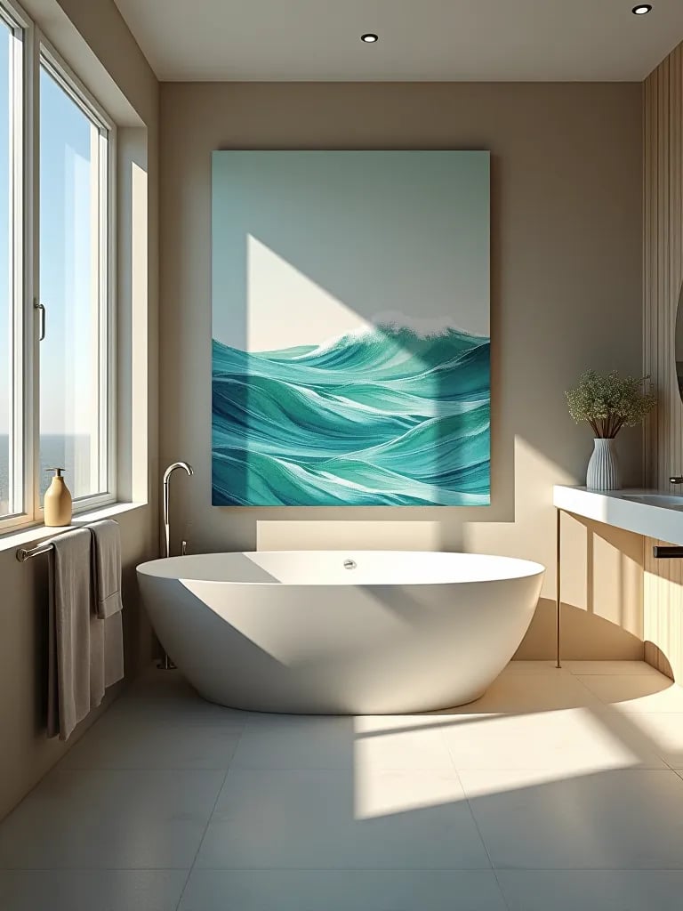Zen like bathroom with calming abstract artwork