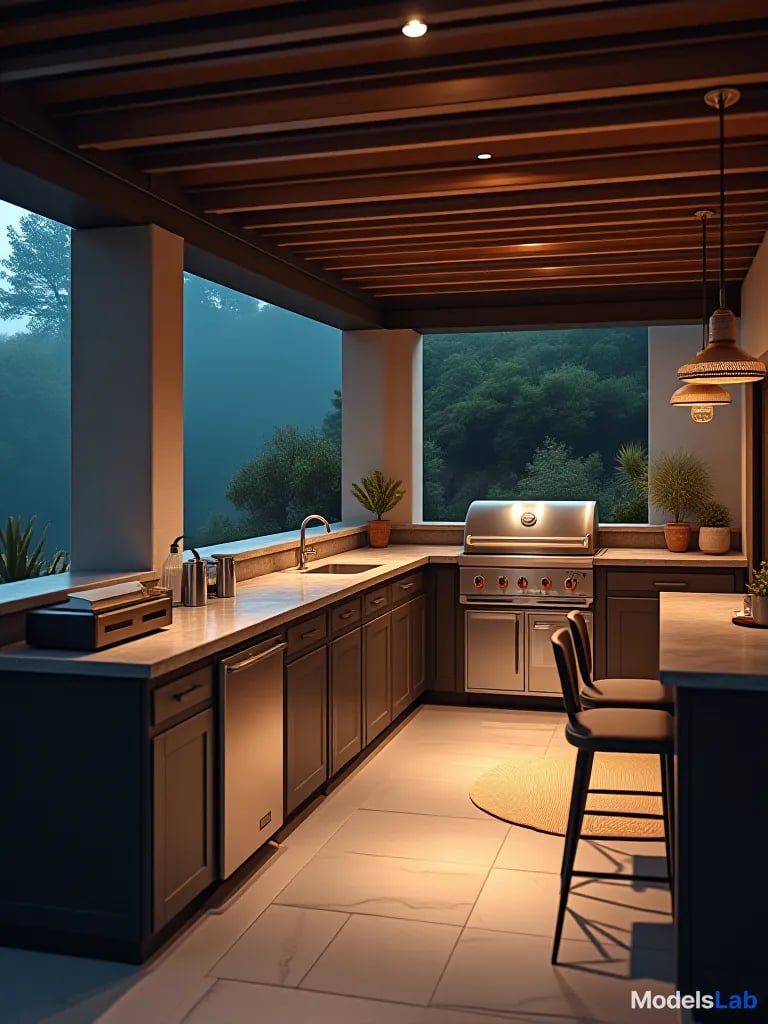 Adaptable outdoor kitchen with retractable screens and hybrid grill