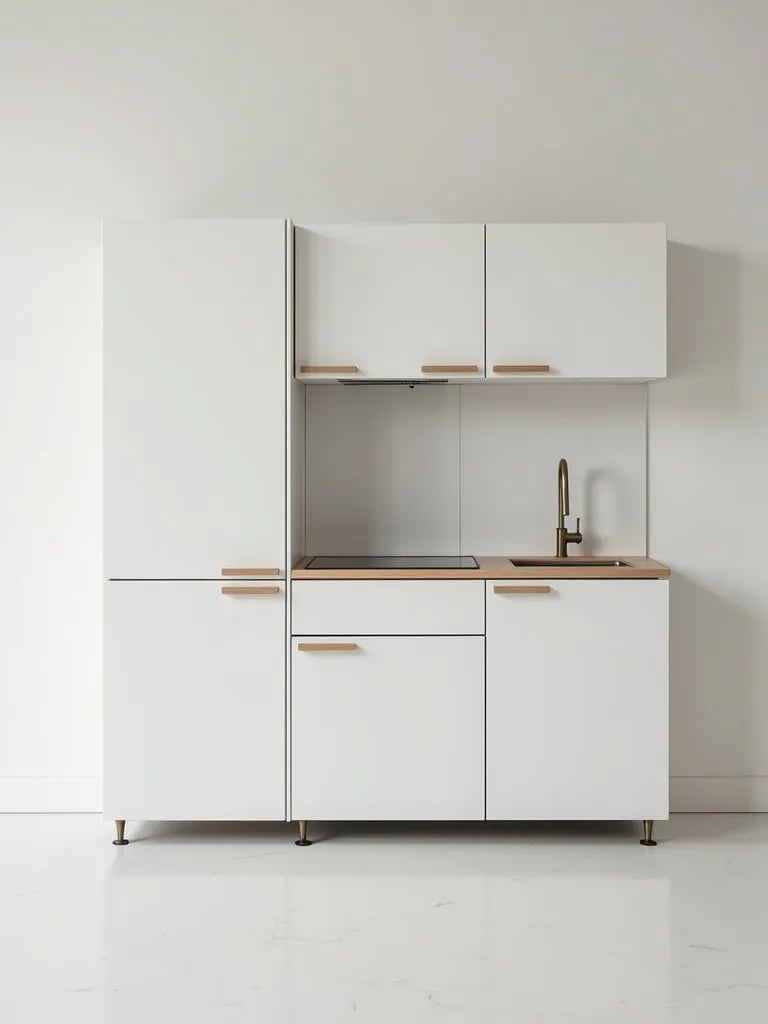 Adaptable white kitchen with transforming furniture elements