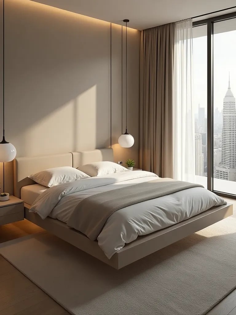 Aerial view of a compact bedroom with storage bed and floating nightstands