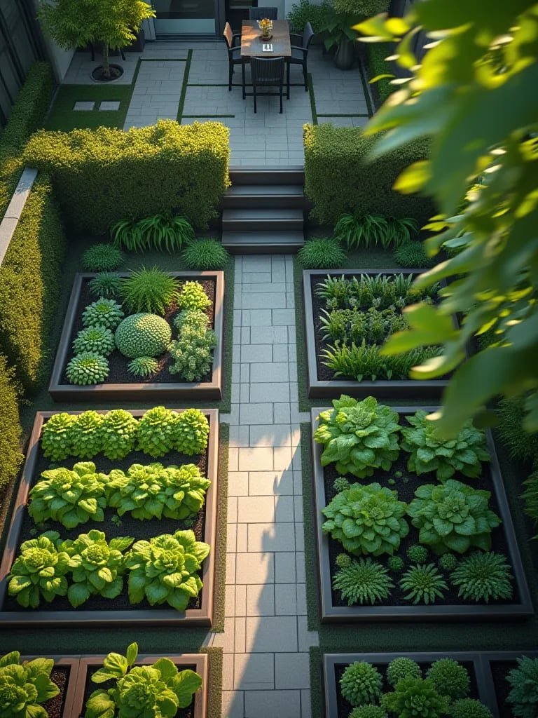 Aerial view of backyard with geometric arrangement of vegetable planters