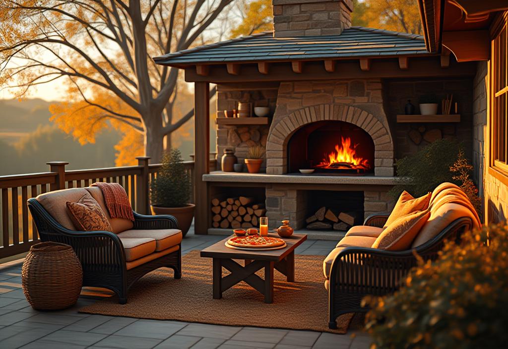 Aerial view of clean outdoor kitchen patio with grill and herb containers