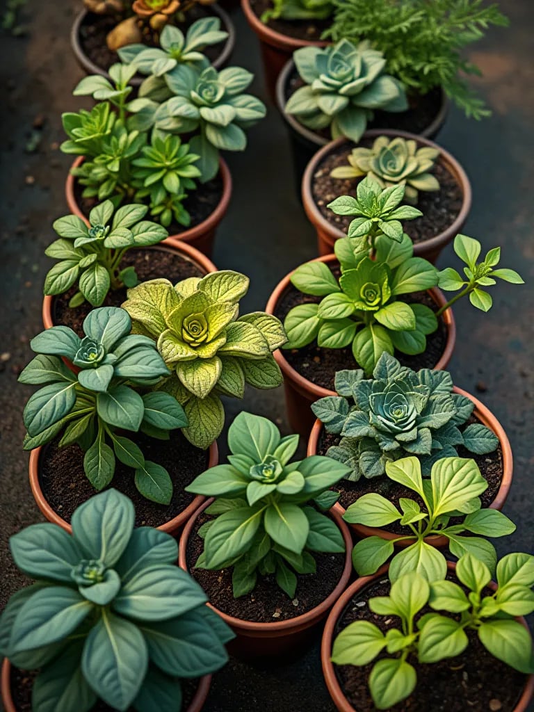 Aerial view of patio with diverse container vegetables showing various soil types